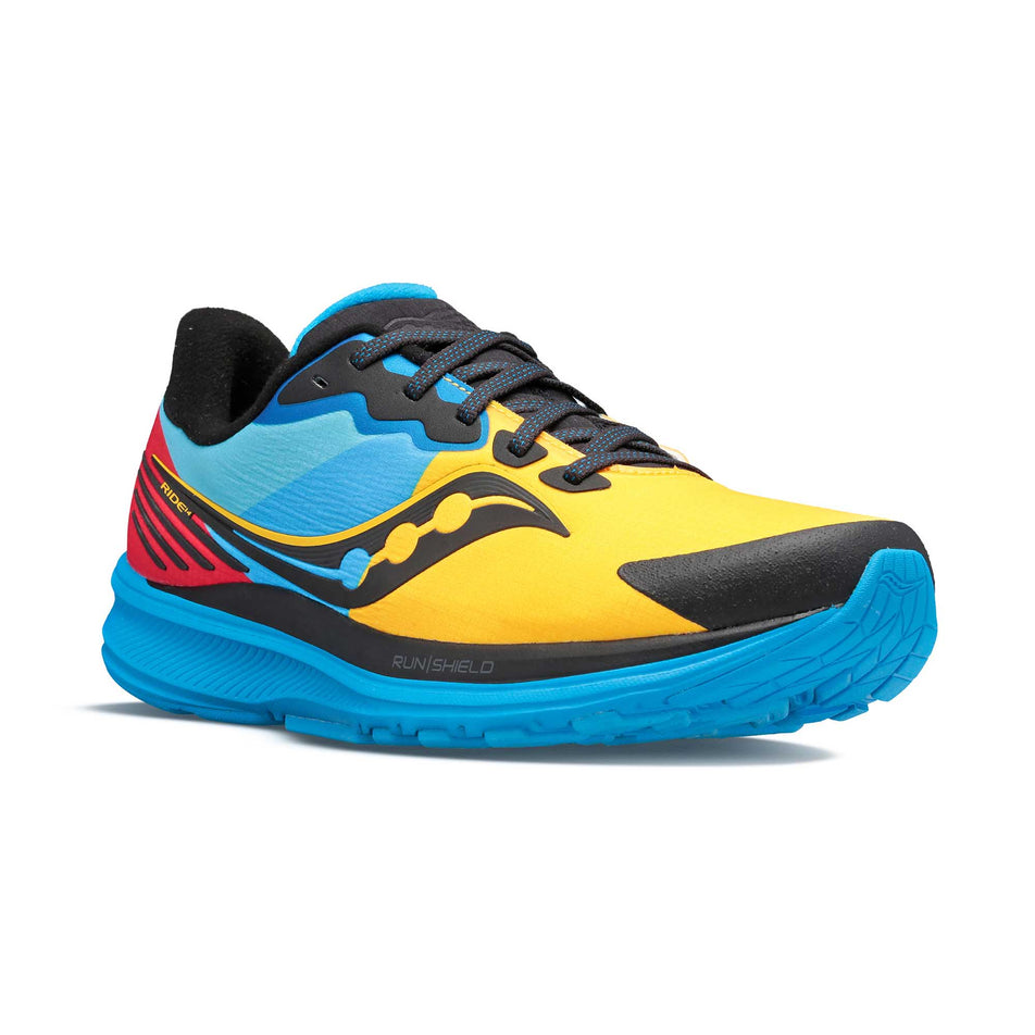Front angled view of women's Saucony Ride 14 RunShield running shoes. (6890841243810)