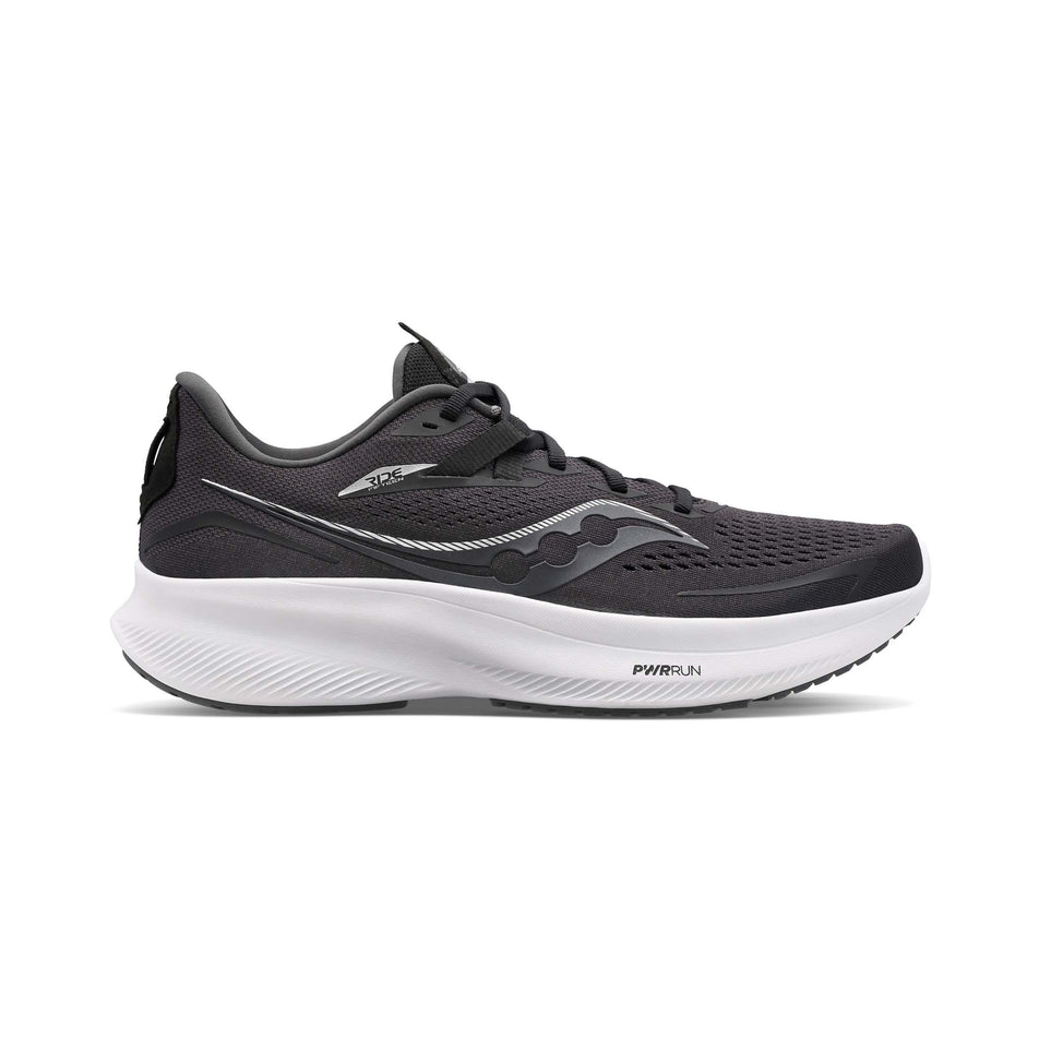 Right shoe lateral view of Saucony Women's Ride 15 Running Shoes in black (7691818008738)