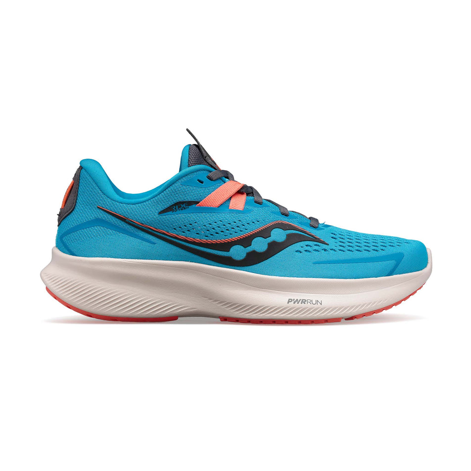 Right shoe lateral view of Saucony Women's Ride 15 Running Shoes in blue (7673568067746)