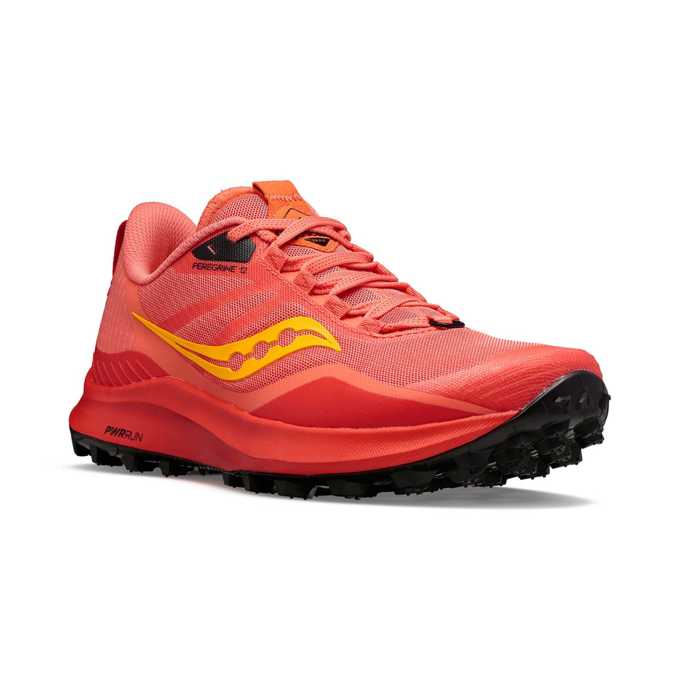 Right shoe anterior angled view of Saucony Women's Peregrine 12 Running Shoes in red (7691818664098)