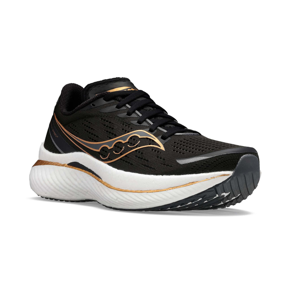 Anterior angled view of Saucony Women's Endorphin Speed 3 Running Shoes in black (7528275542178)