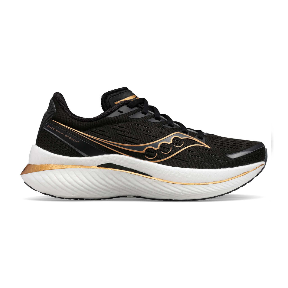 Lateral view of Saucony Women's Endorphin Speed 3 Running Shoes in black (7528275542178)