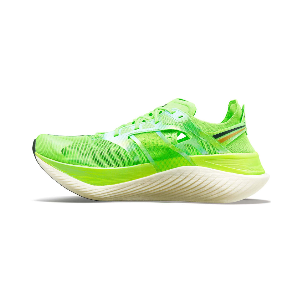 Right shoe medial view of Saucony Women's Endorphin Elite Running Shoes in green. (7752275460258)