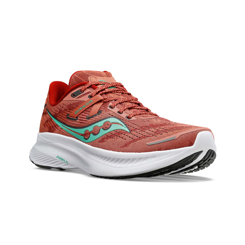 Right shoe anterior angled view of Saucony Women's Guide 16 Running Shoes in red. (7752249344162)