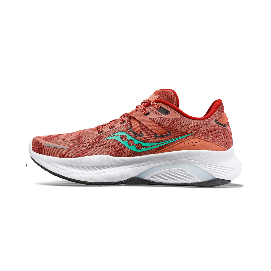 Right shoe medial view of Saucony Women's Guide 16 Running Shoes in red. (7752249344162)