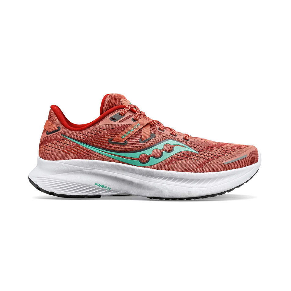 Right shoe lateral view of Saucony Women's Guide 16 Running Shoes in red. (7752249344162)