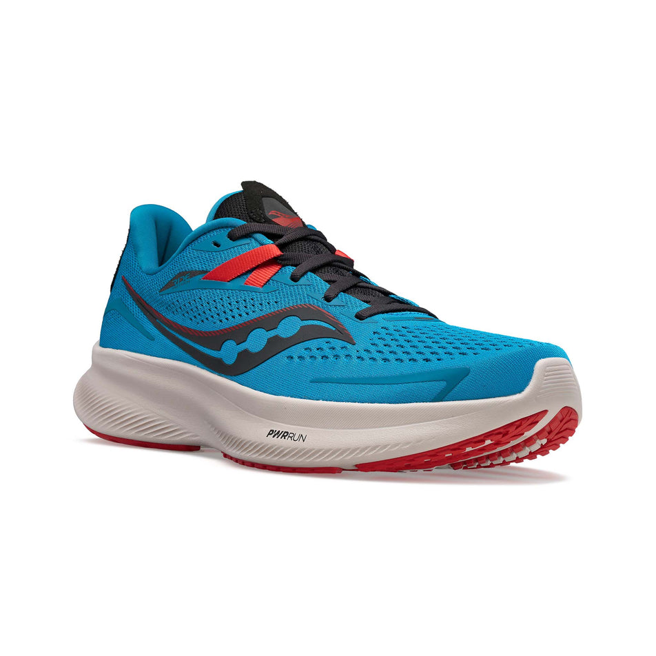 Anterior angled view of men's saucony ride 15 running shoes in blue (7537173921954)