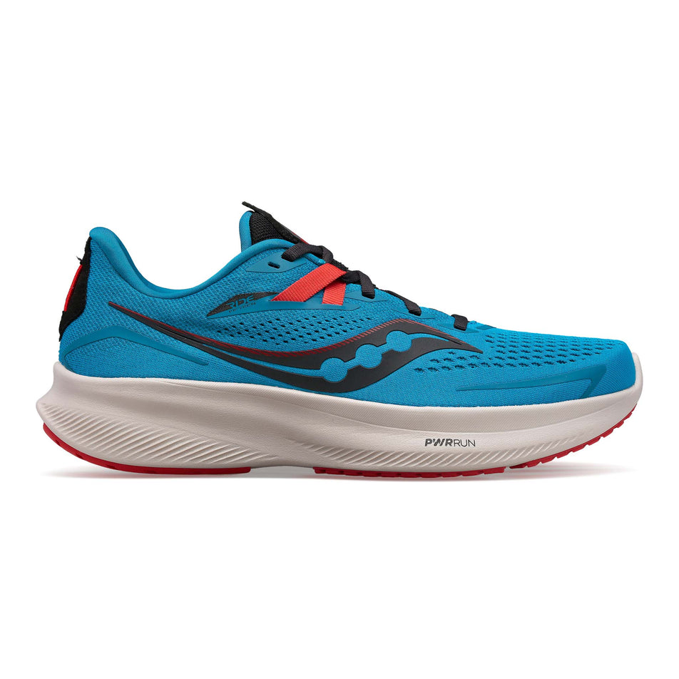 Lateral view of men's saucony ride 15 running shoes in blue (7537173921954)