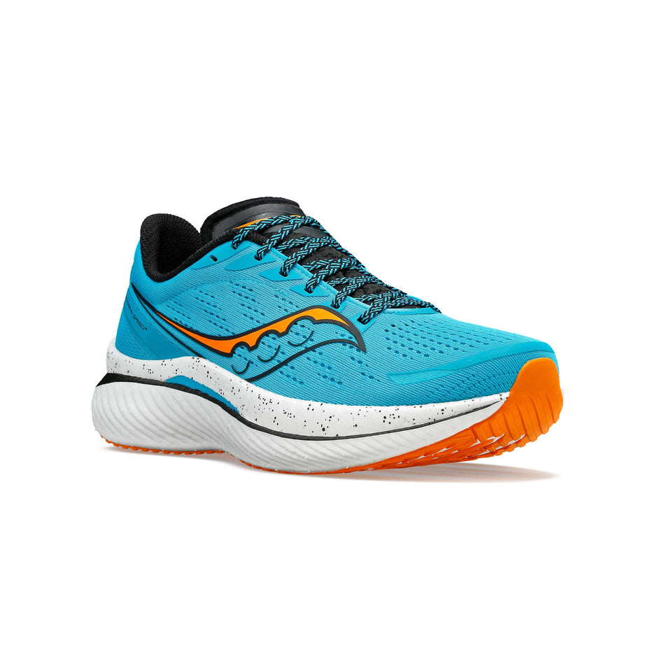 Right shoe anterior angled view of Saucony Men's Endorphin Speed 3 Running Shoes in blue. (7752260157602)