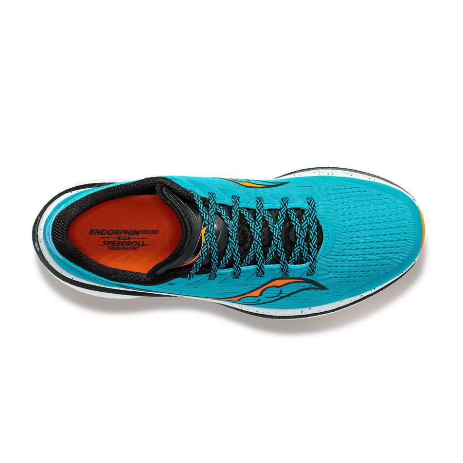 Right shoe upper view of Saucony Men's Endorphin Speed 3 Running Shoes in blue. (7752260157602)