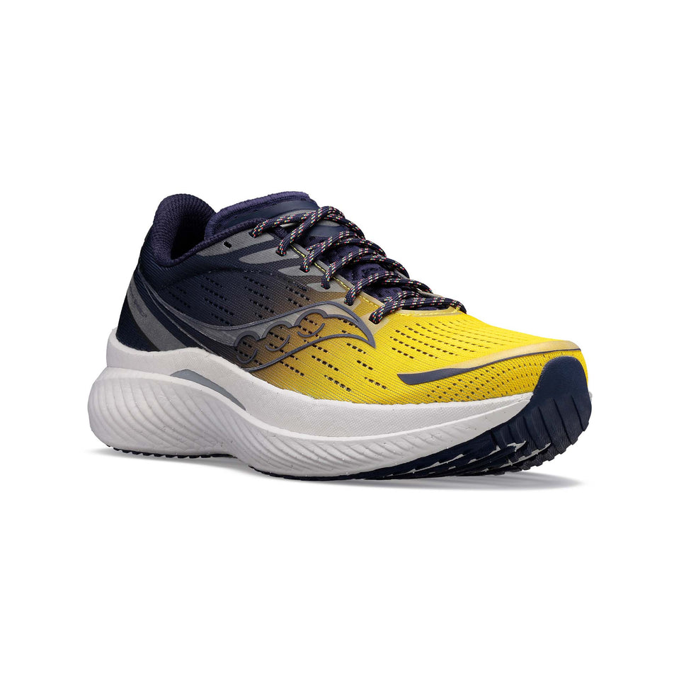 Anterior angled view of men's saucony endorphin speed 3 running shoes in yellow (7599187919010)