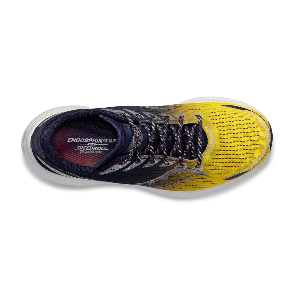Upper view of men's saucony endorphin speed 3 running shoes in yellow (7599187919010)
