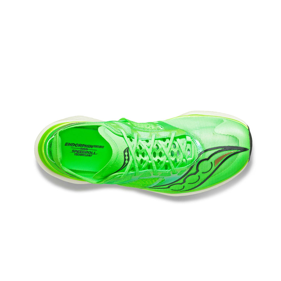 Right shoe upper view of Saucony Men's Endorphin Elite Running Shoes in green. (7752259371170)