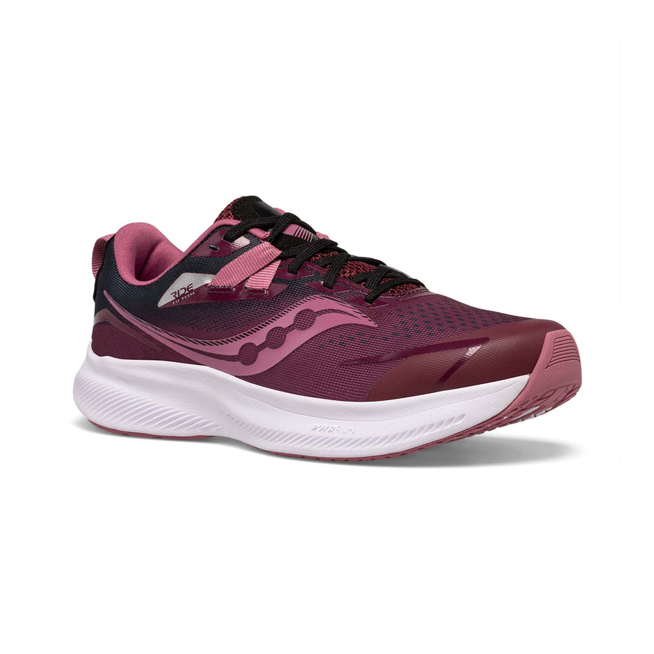Lateral side of the right shoe from a pair of Saucony Girls' Ride 15 Running Shoes (7525291983010)