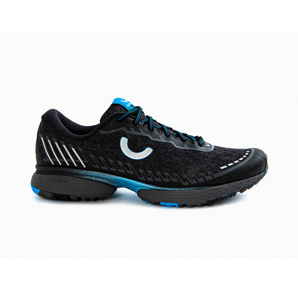 Right shoe lateral view of True Motion Men's U-Tech Nevos Elements Running Shoes in black (7704178098338)
