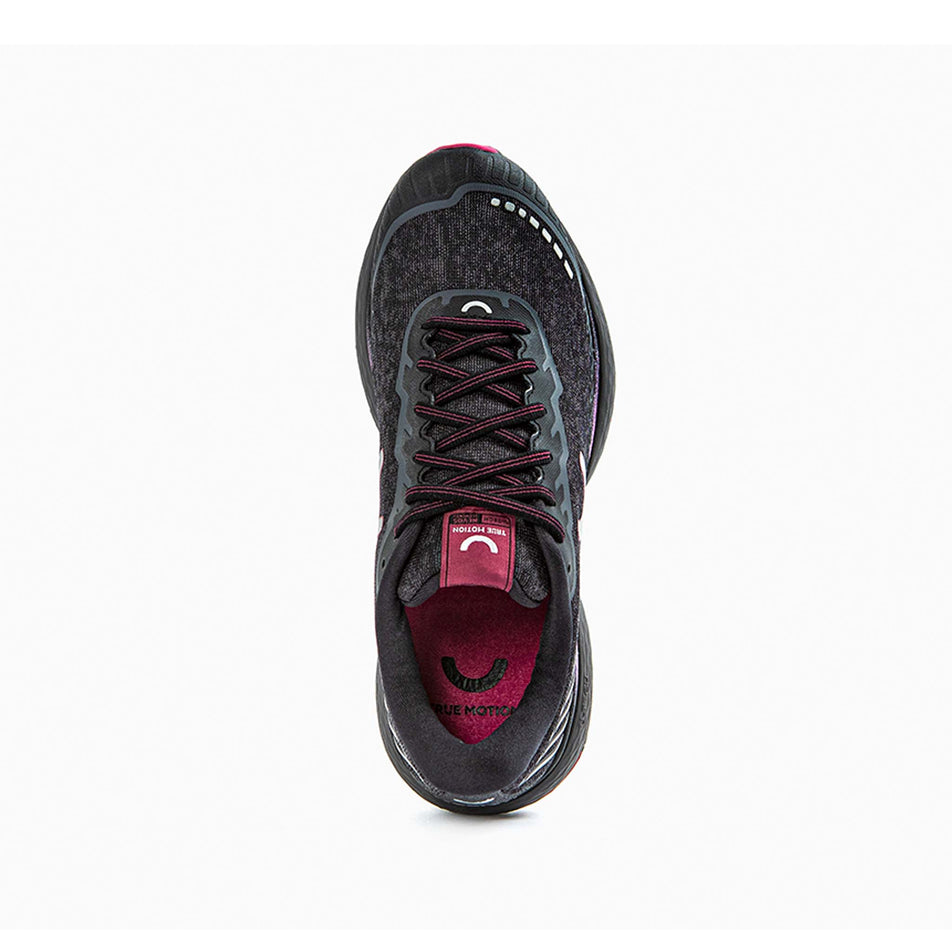 Right shoe upper view of True Motion Women's U-Tech Nevos Elements Running Shoes in black (7704180359330)