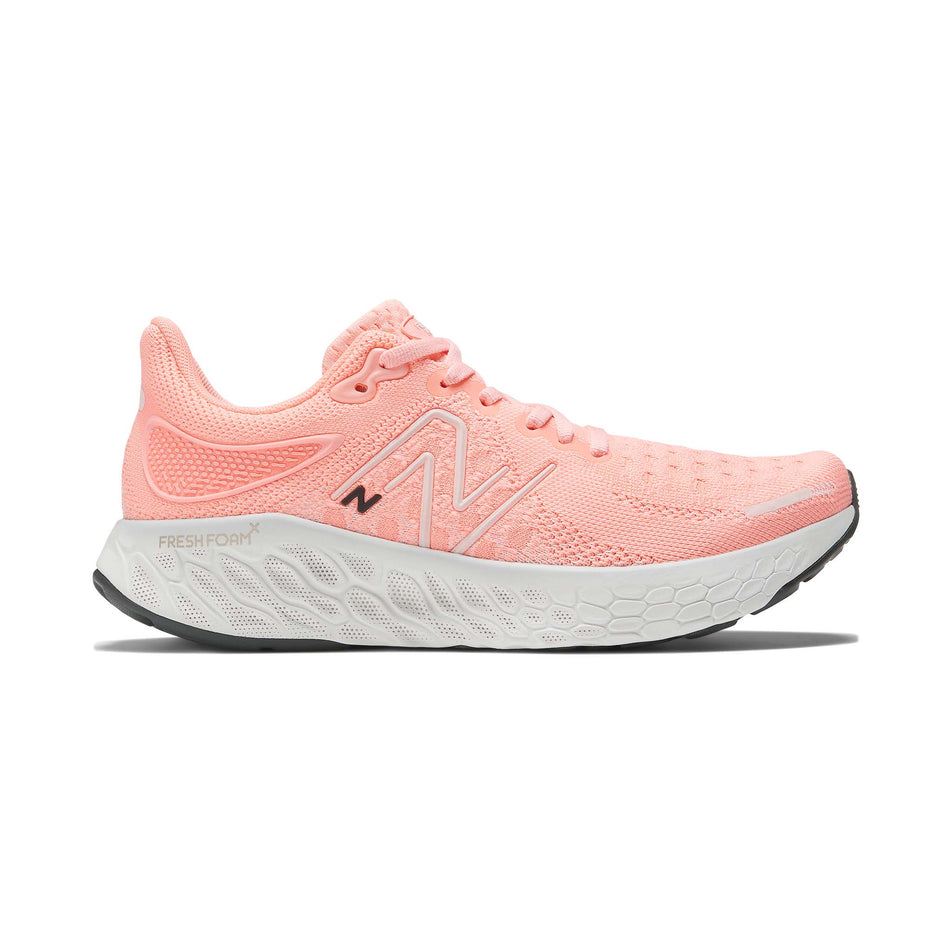 Right shoe lateral view of New Balance Women's Fresh Foam 1080v12 Running Shoes in pink. (7725351272610)