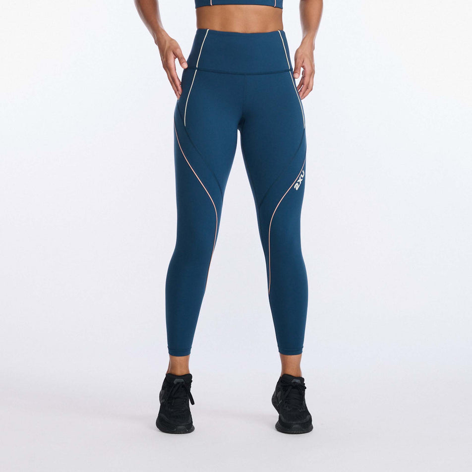 Front view of women's 2xu form swift hi-rise compression tights in blue (7511240343714)