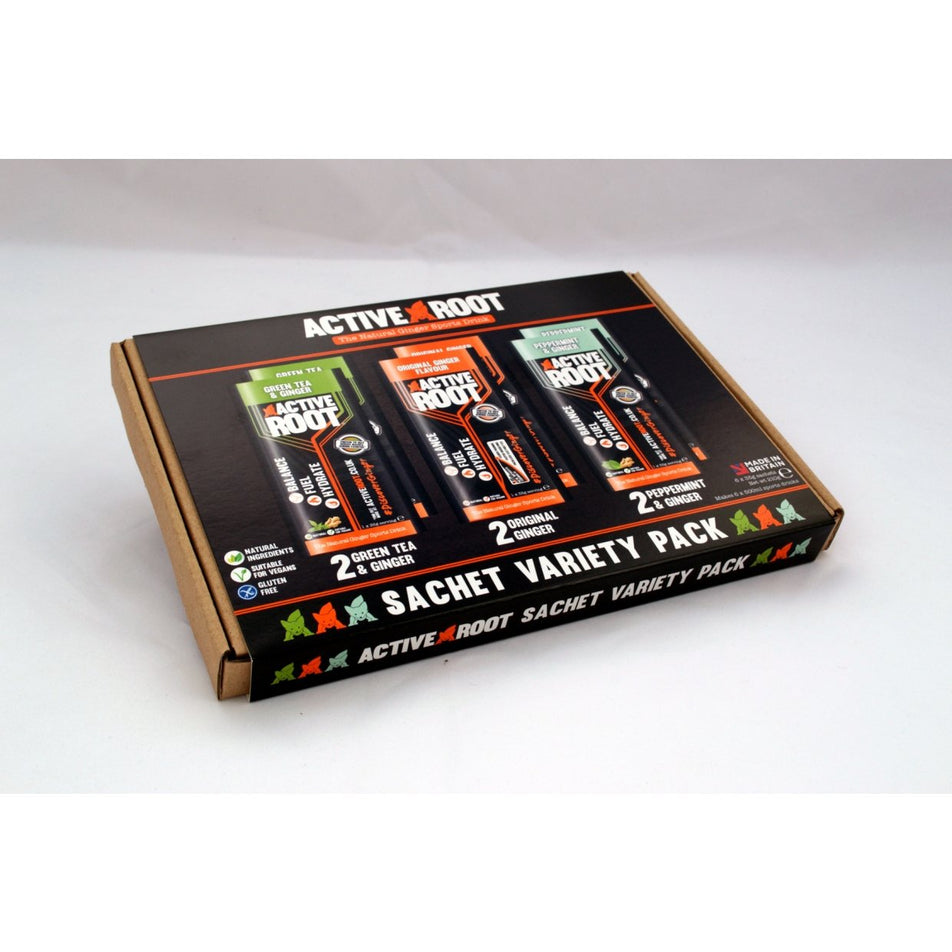 Front view of active root 6 sachet variety pack (7074216149154)